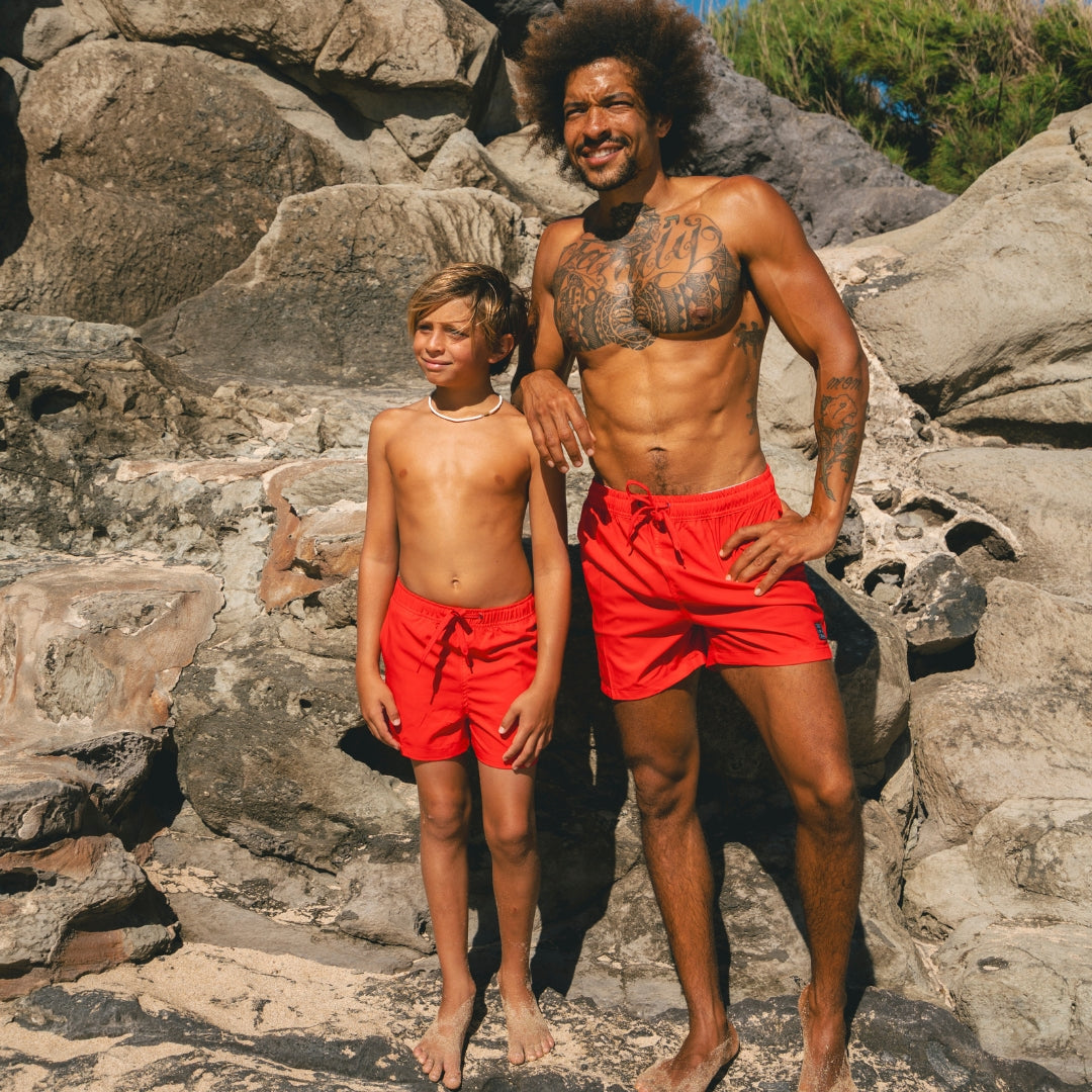 Einfarbig, Rot, Vater und Sohn Badehose