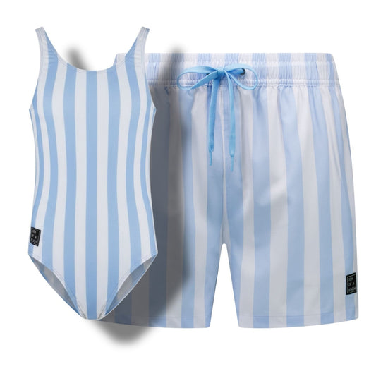 Stripe, Light blue, Father and daughter swimwear
