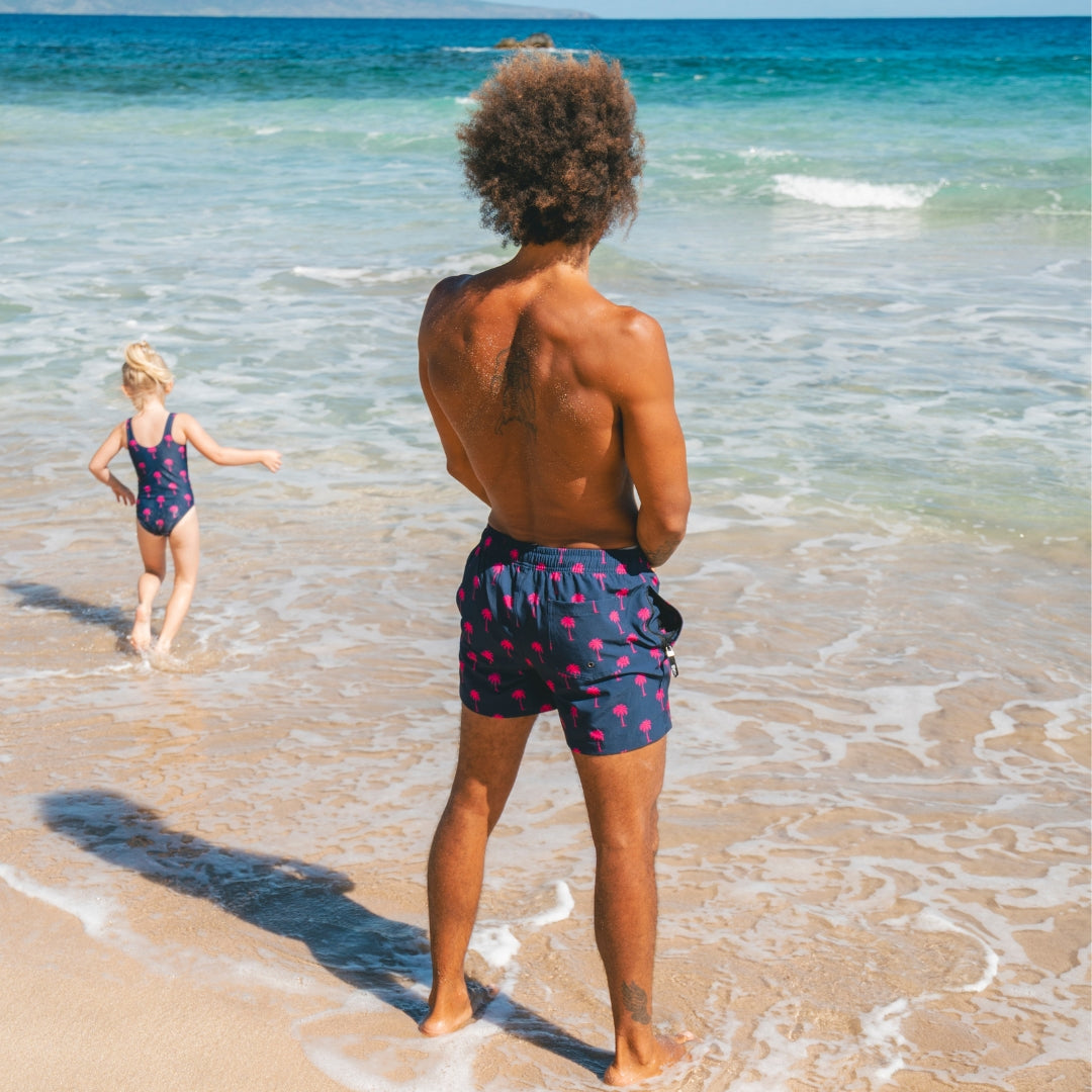 Palme, Blau, Vater und Sohn Badehose