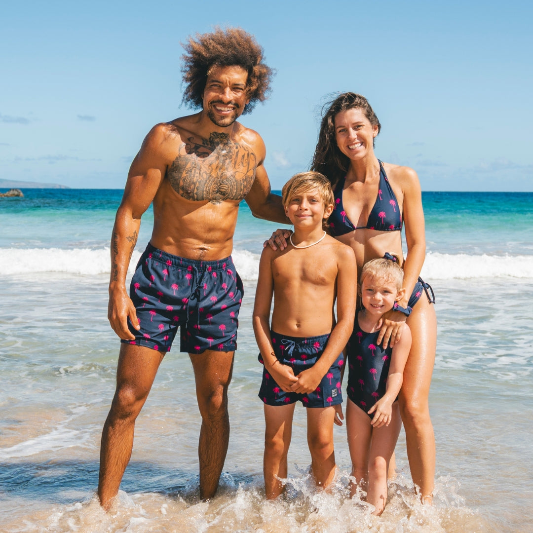 Palme, Blau, Vater und Sohn Badehose