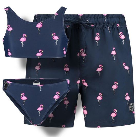 Flamingo, Blue, Father and daughter swimwear