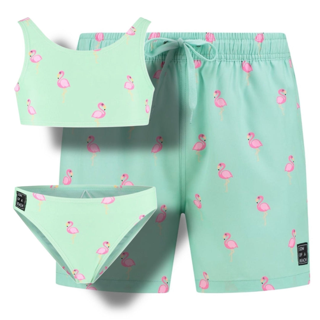 Flamingo, Green, Father and daughter swimwear