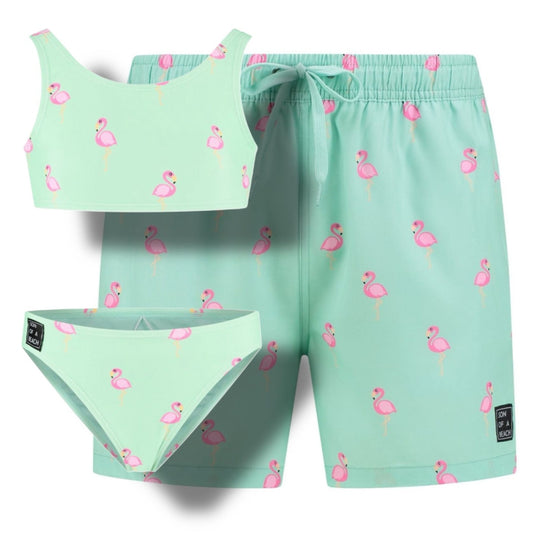 Flamingo, Green, Father and daughter swimwear