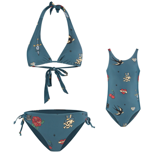 Tattoo, Blau, Mutter und Tochter im Bikini/Badeanzug