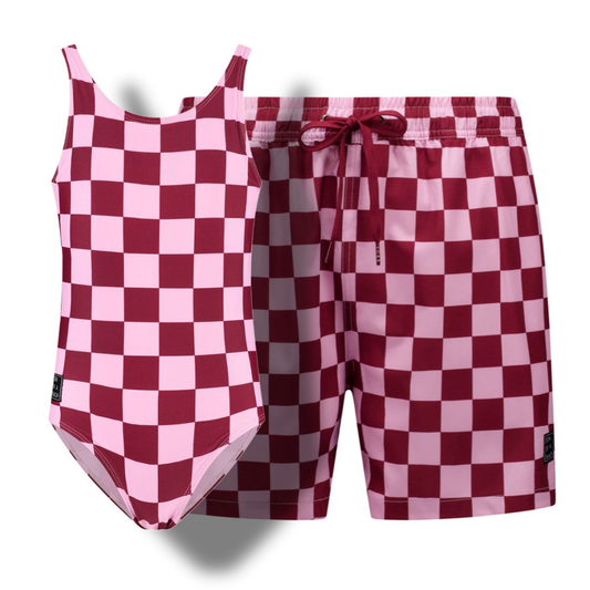 Kariert, Rot, Badebekleidung für Vater und Tochter