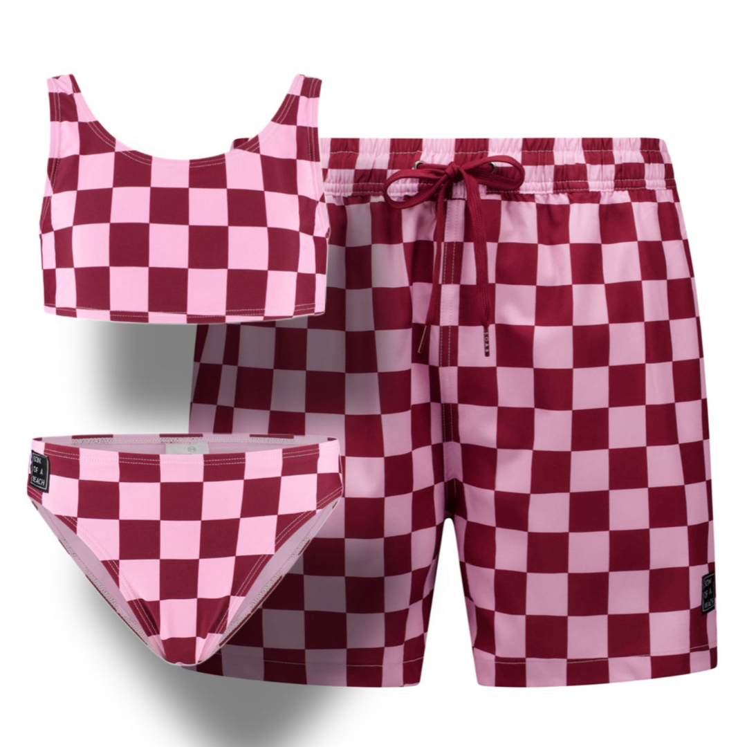 Kariert, Rot, Badehose/Bikini für Vater und Tochter
