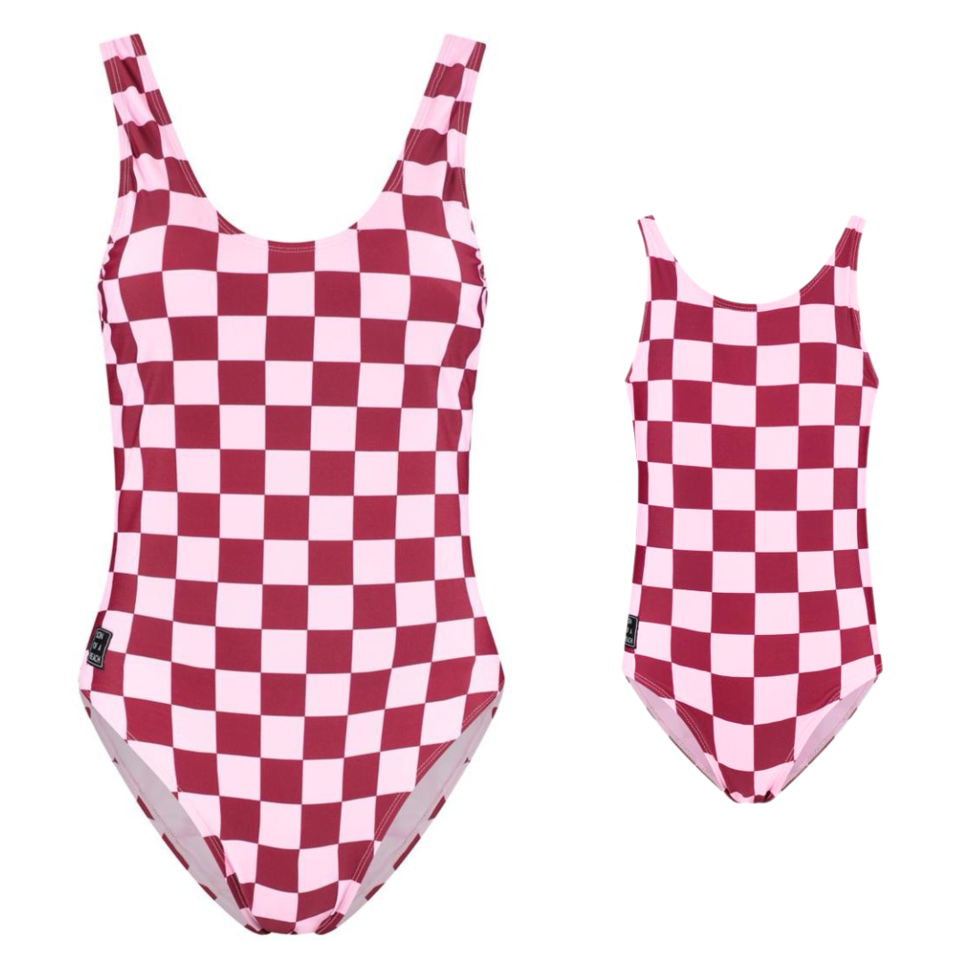 Check, Red, Mother and daughter swimsuit