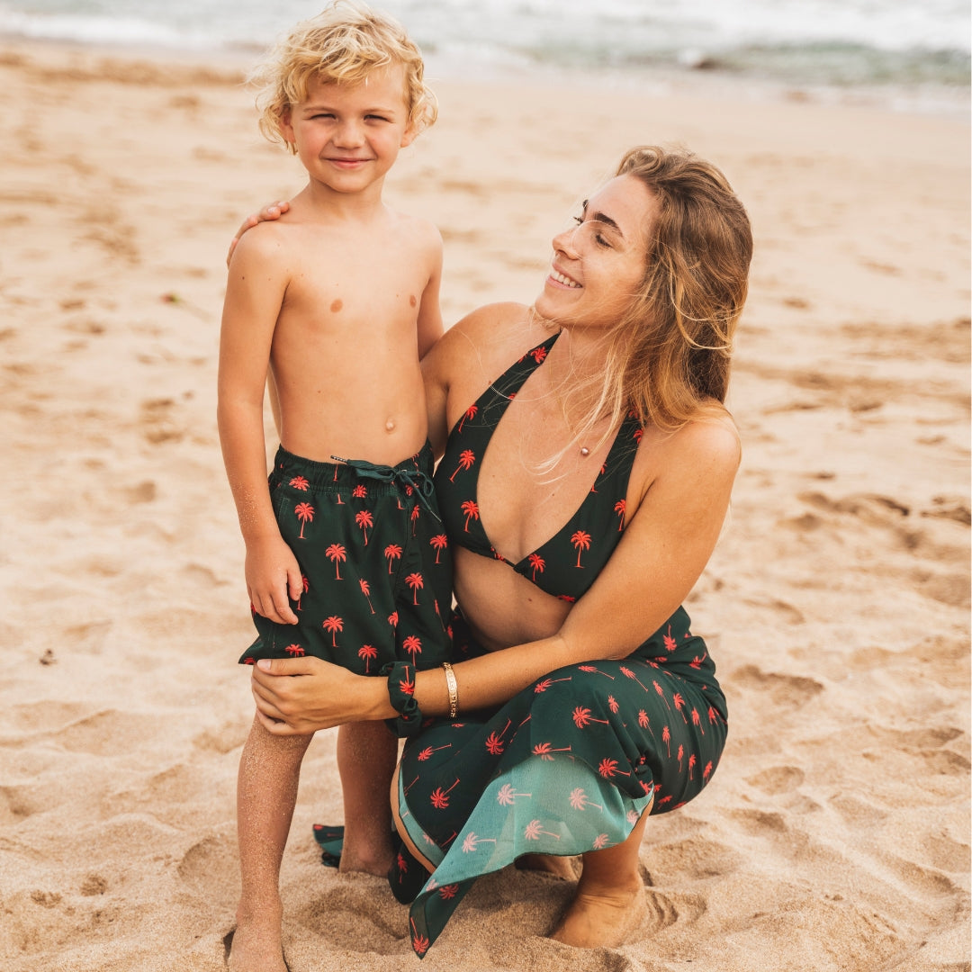Palme, Dunkelgrün, Bikini/Badehose für Mutter und Sohn