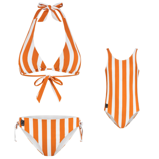 Gestreifter, brauner Bikini/Badeanzug für Mutter und Tochter