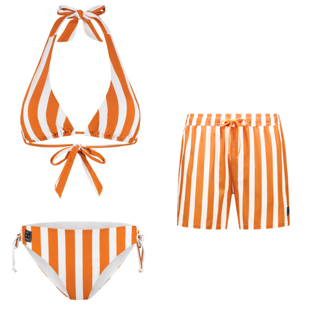 Gestreifter, brauner Bikini/Badehose für Mutter und Sohn