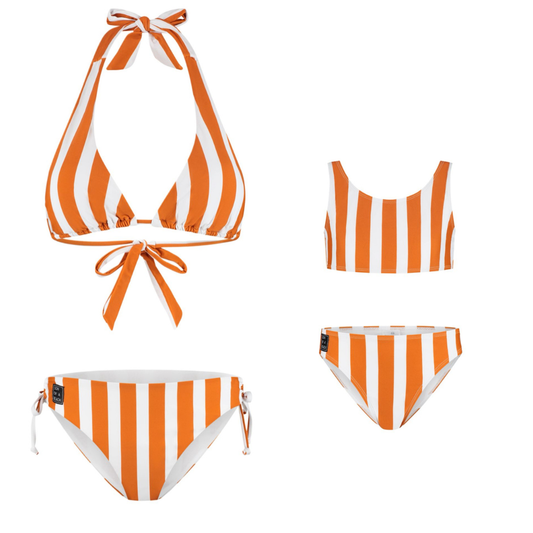 Gestreifte, braune Bikinis für Mutter und Tochter