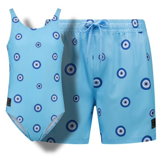 Auge, Blau, Bademode für Vater und Tochter