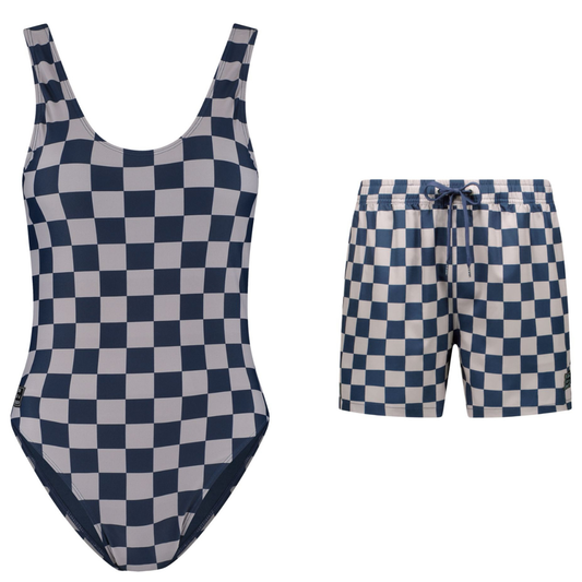 Check, Blue, Mother and son swimsuit/swimming trunks