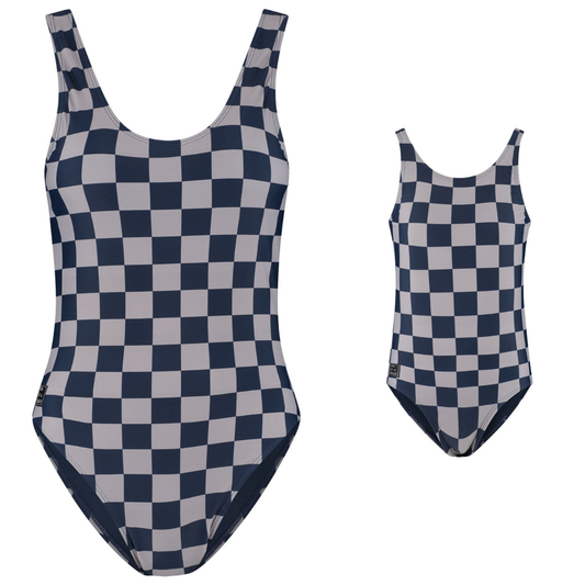 Check, Blue, Mother and daughter swimsuit
