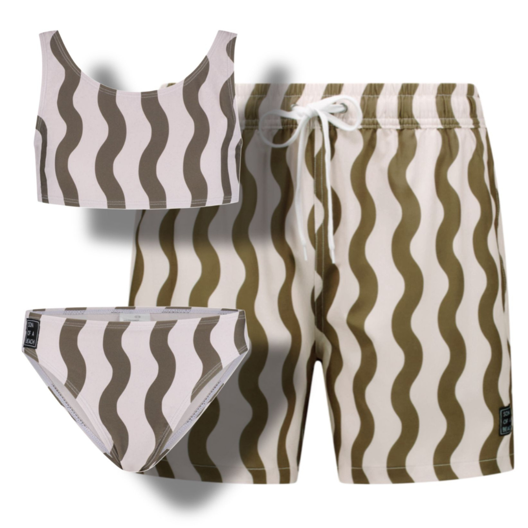 Gestreifter, Gewellter Grüner, Badehosen/Bikini für Vater und Tochter