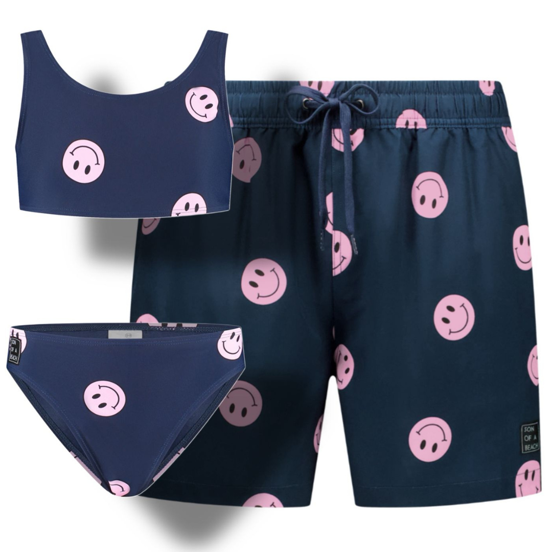Smiley, Blue, Father and daughter swim trunks/bikini