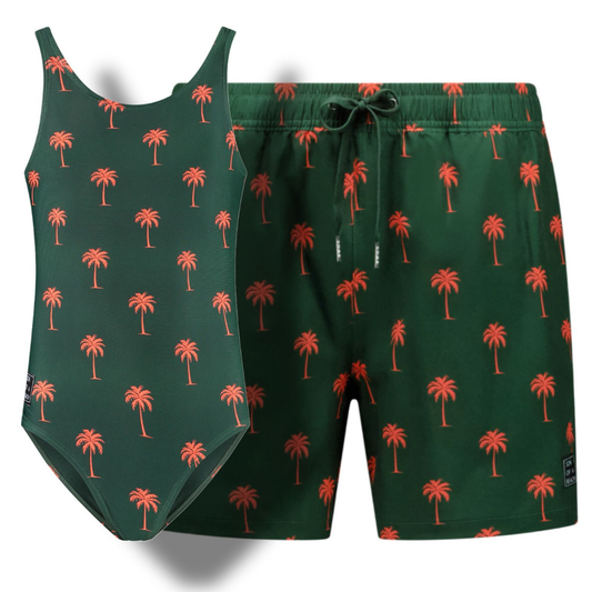 Palm tree, Dark green, Father and daughter swimwear