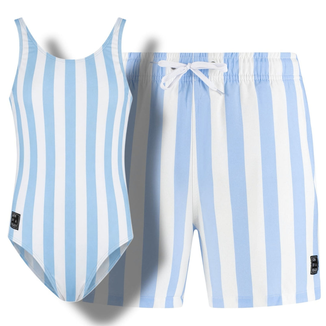 Gestreift, Hellblau, Badebekleidung für Vater und Tochter
