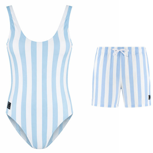 Striped, Light Blue, Mother and Son Swimsuit/Swimming Trunks