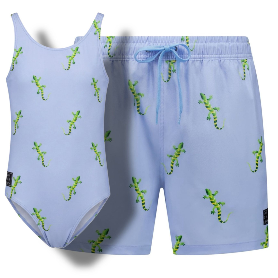 Gecko, Blau, Bademode für Vater und Tochter