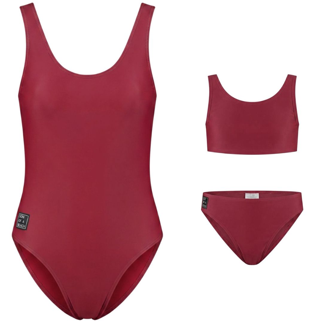 Solid, Dunkelrot, Mutter & Tochter Badeanzug / Bikini