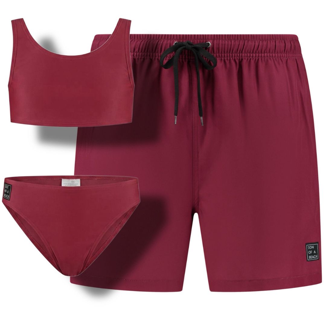 Solid, Dunkelrot, Badehosen/Bikini für Vater und Tochter
