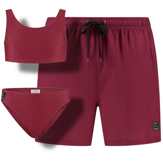 Solid, Dunkelrot, Badehosen/Bikini für Vater und Tochter