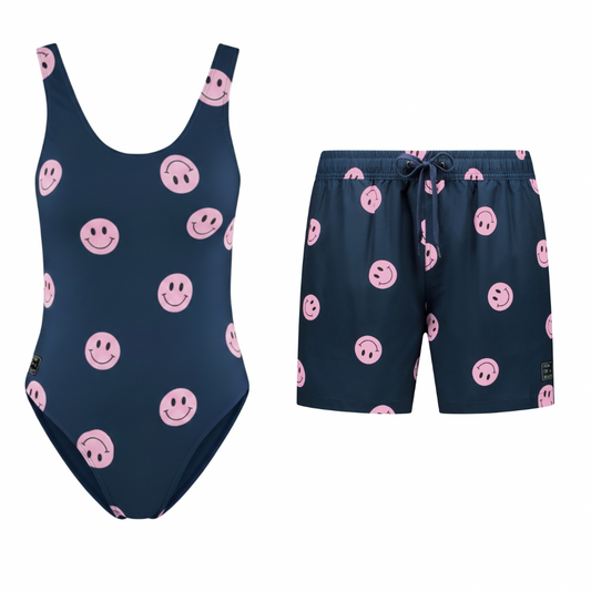 Smiley, Blau, Mutter und Sohn Badeanzug/Badehose
