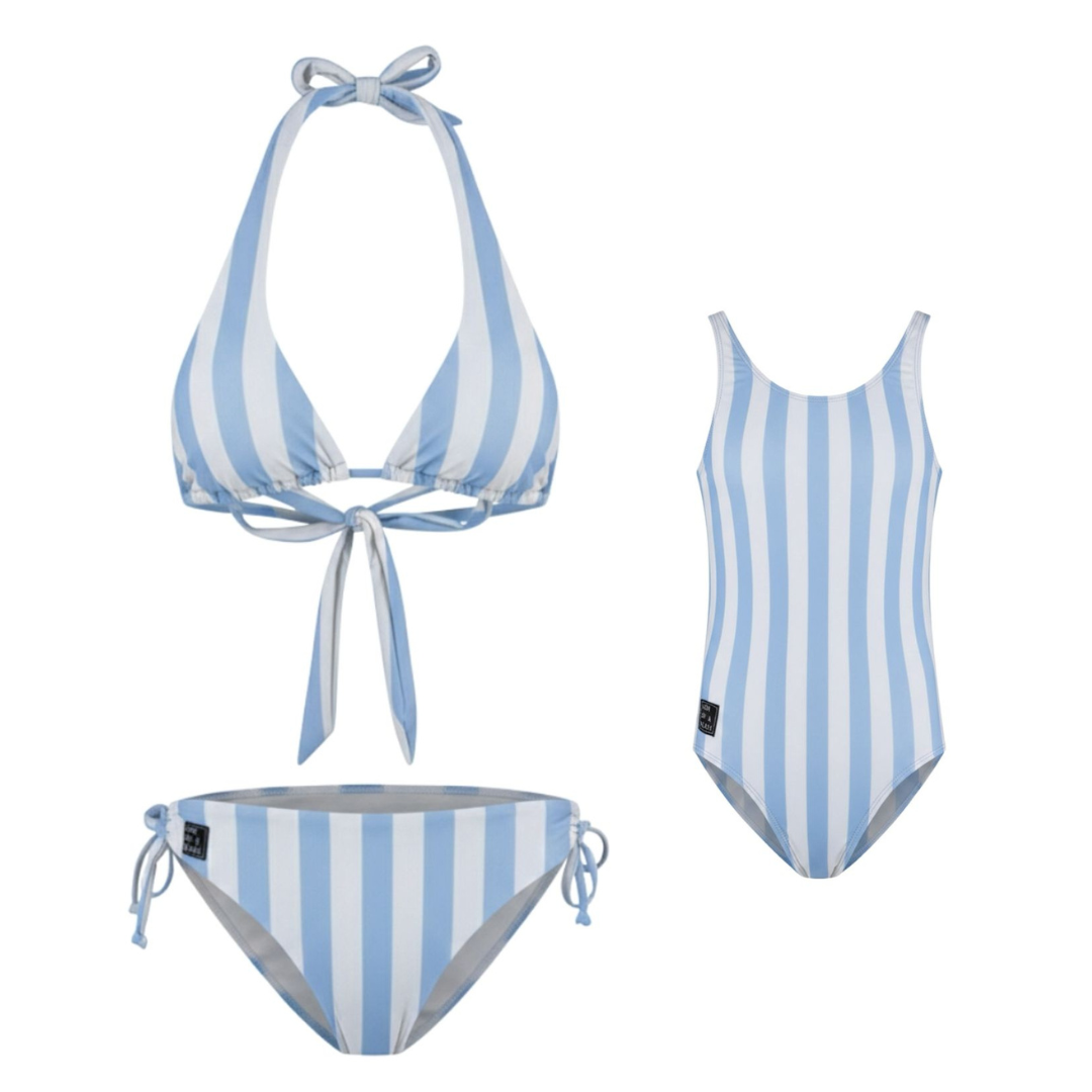 Faded-Gestreifter, hellblauer Bikini/Badeanzug für Mutter und Tochter