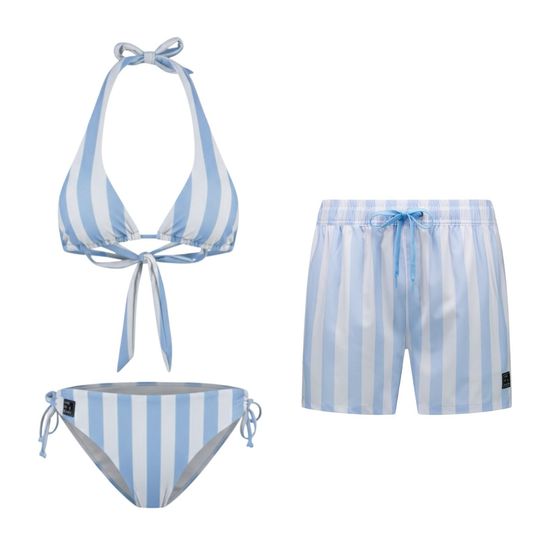 Faded-Striped, Light Blue, Mother and Son Bikini/Swimming Trunks