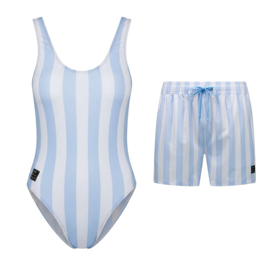 Faded-Striped, Light Blue, Mother and Son Swimsuit/Swimming Trunks