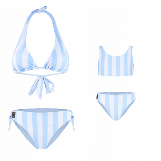 Gestreifte, hellblaue Bikinis für Mutter und Tochter