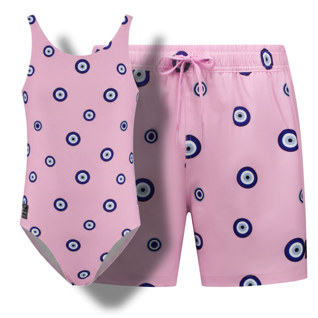 Eye, Pink, Father and daughter swimwear