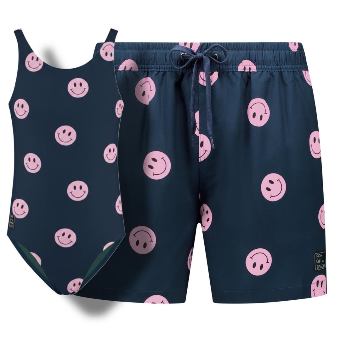 Smiley, Blau, Badebekleidung für Vater und Tochter
