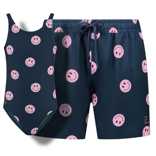 Smiley, Blau, Badebekleidung für Vater und Tochter